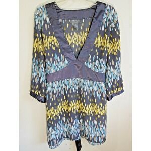 Motto QVC Gray Turquoise‎ Yellow Sheer Tunic Blouse Tie Back 3/4 Sleeve Plus 1X